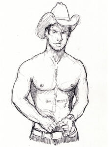 Shirtless gay cowboy with10-gallon hat.