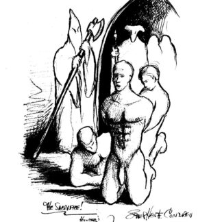 Pencil figure drawing of a nude gay man being sacrificed to Satan. He has a muscular physique and a 6-pack set of abs.