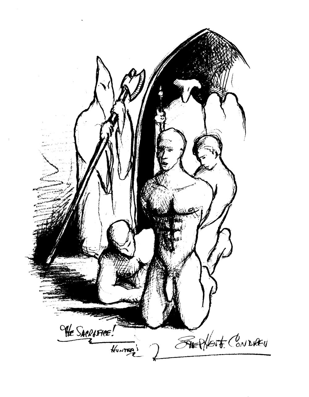 Pencil figure drawing of a nude gay man being sacrificed to Satan. He has a muscular physique and a 6-pack set of abs.