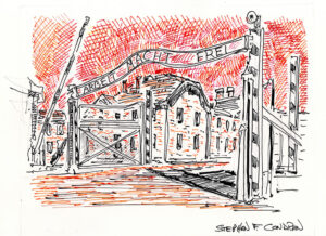 Color pen & ink drawing of Auschwitz.