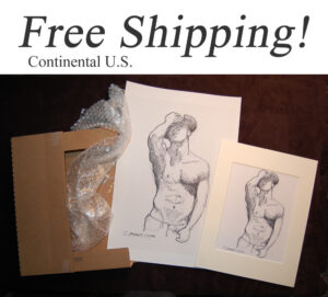 Free shipping! Nude male in lounge chair pen & ink drawing with big hairy dick.