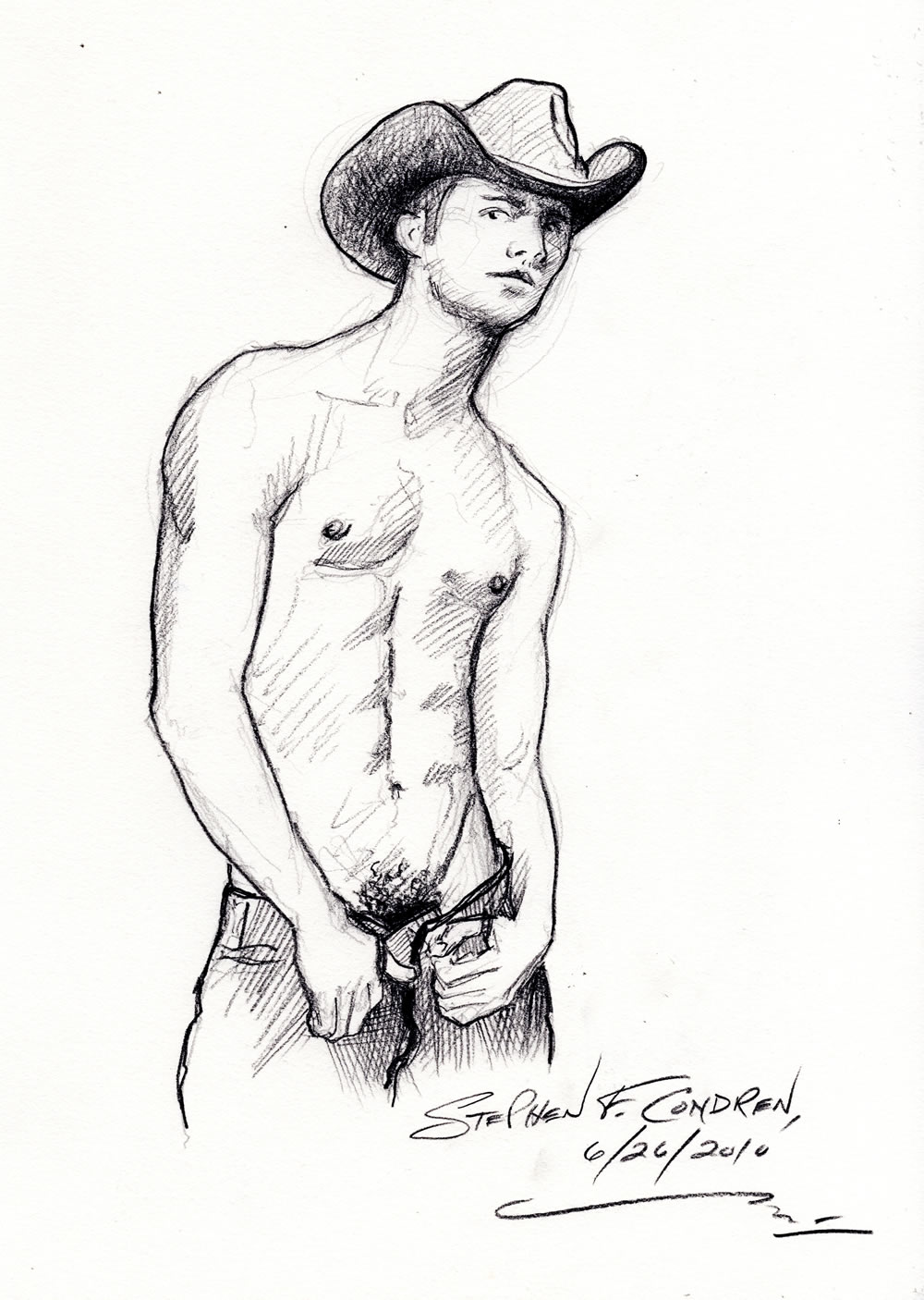 Pencil figure drawing of a gay shirtless cowboy looking straight at you with his blue jeans unzipped.