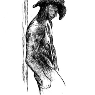 Charcoal pencil figure drawing of a nude cowboy in profile with hat. He has a muscular physique with a 6-pack set of abs.