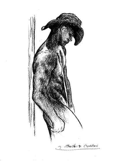 Charcoal pencil figure drawing of a nude cowboy in profile with hat. He has a muscular physique with a 6-pack set of abs.