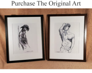 Original art comes matted and framed in the size of 11" x 14" black.
