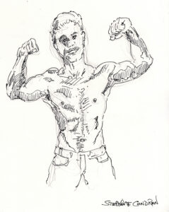 Shirtless gay male with fit torso, and sexy abs, pen & ink figure drawing.