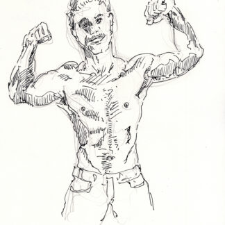 Pen & ink drawing of a hot shirtless male. He has a muscular torso with a chiseled set of abs and firm pecs. He is cute.
