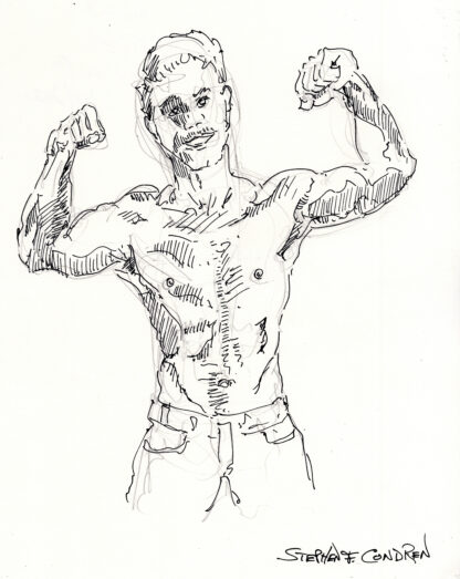 Pen & ink drawing of a hot shirtless male. He has a muscular torso with a chiseled set of abs and firm pecs. He is cute.