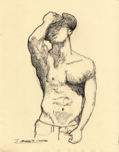 Pen & ink drawing of a gay shirtless cowboy hold on to his hat.