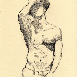 Pen & ink drawing of a hot shirtless cowboy. He has a hard body with muscular torso and a chiseled 6-pack set of abs.