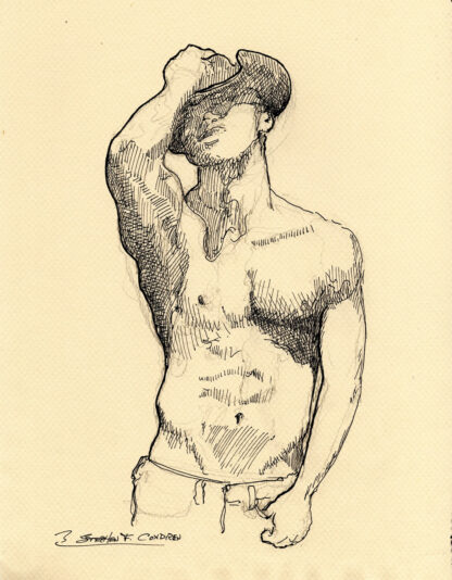 Pen & ink drawing of a hot shirtless cowboy. He has a hard body with muscular torso and a chiseled 6-pack set of abs.