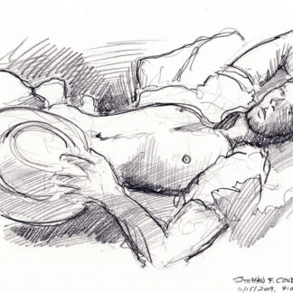 Pencil figure drawing of a bare-chested cowboy lying on a bed. He has a muscular torso with a 6-pack set of abs.