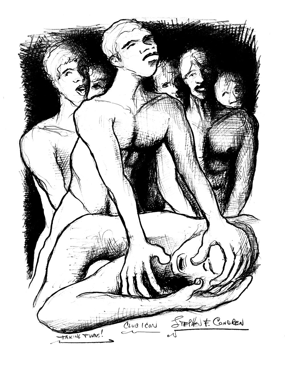 Pencil drawing of a gay gang bang prison rape of a young hot inmate. Inmates have muscular torsos and fit abs.