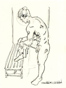 Nude gay male standing and wiping himself with a towel.