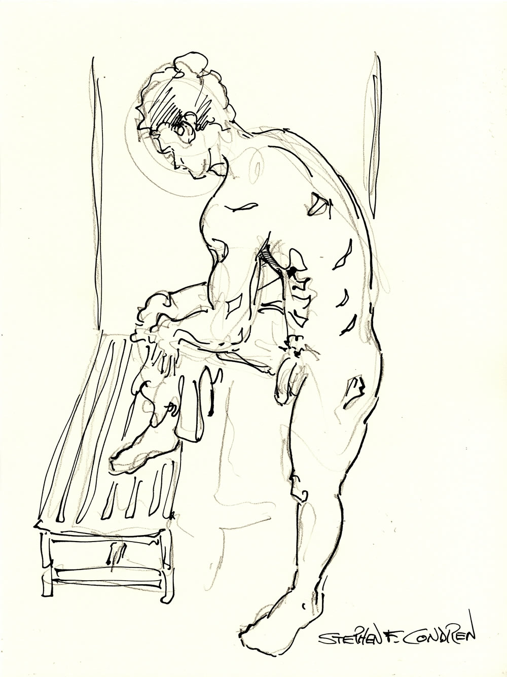 Pen & ink figure drawing of a nude male with long penis. He has a muscular body with a 6-pack set of abs and firm pecs.