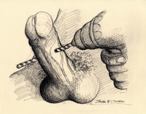 Pen & ink drawing of an erect penis being drilled right through with a power hand drill.