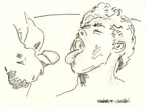 Pen & ink drawing of a young gay boy getting a facial.