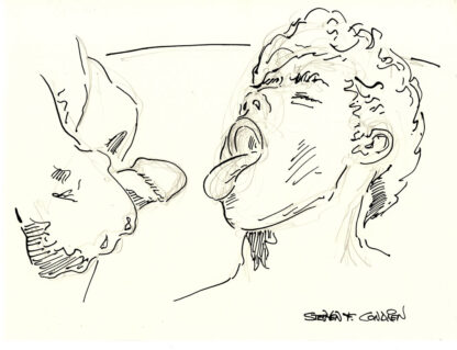 Pen & ink figure drawing of a young gay boy getting a cum facial. His mouth is opened, and tongue is sticking out for jizz.