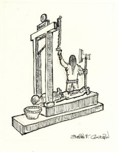 Pen & ink drawing of a gay man being executed by guillotine.