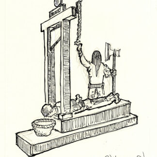 Pen & ink drawing of a guillotine. This has been the instrument of death for BDSM villains of gay men.