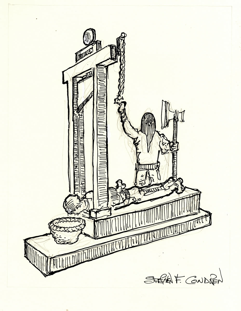 Pen & ink drawing of a guillotine. This has been the instrument of death for BDSM villains of gay men.