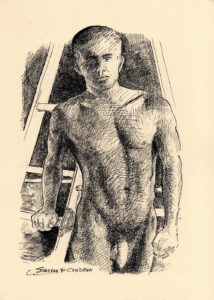 Pen & ink drawing of nude gay man standing in front of a ladder.