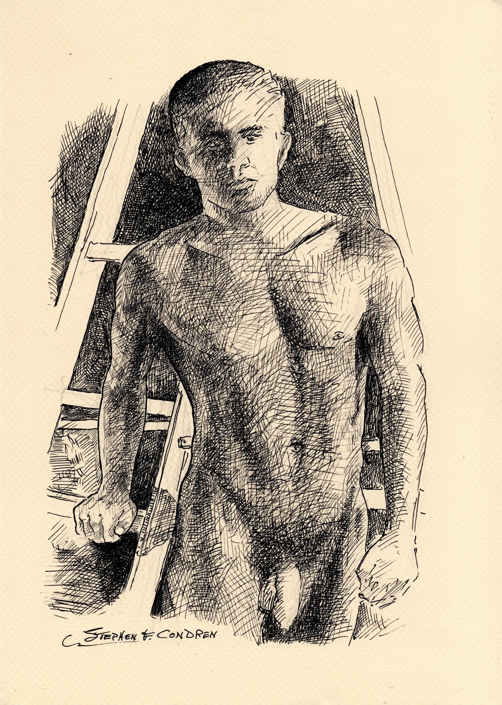 Pen & ink figure drawing of nude gay man standing. He has a hard body with muscular torso and 6-pack set of abs.