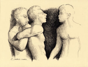 Pen & ink drawing of three nude gay men in a struggle.