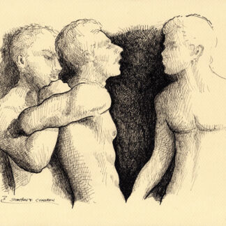 Pen & ink figure drawing of three nude men in a struggle. The have hard bodies with muscular torsos and 6-pack set of abs.