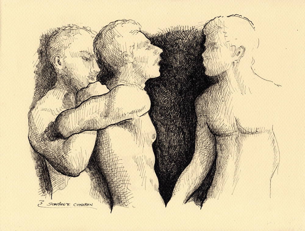 Pen & ink figure drawing of three nude men in a struggle. The have hard bodies with muscular torsos and 6-pack set of abs.