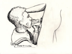 Pen & ink drawing of a hot gay boy sucking a harry cock and balls.