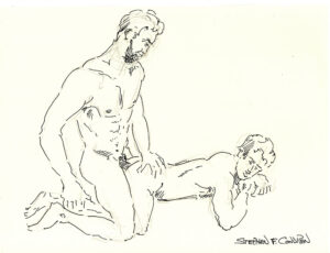 Pen & ink drawing of a gay dad breaking in his hot son.