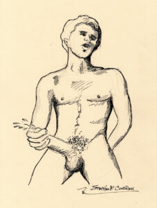 Pen & ink drawing of a sexy guy dude jacking off and shooting out his hot load.