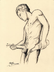 Pen & ink figure drawing of a sexy drunk gay boy spilling his booze as he jacks off. He is hot with a muscular body and abs. Shirtless gay man drinking, gay male pen & ink figure drawing. 