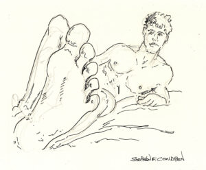 Pen & ink drawing of a sexy hot dude laying naked in bed with his beautiful feet in our face!