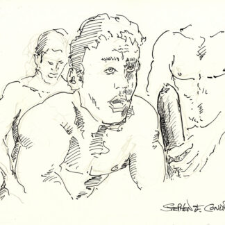 Pen & ink figure drawing of a three-way all-male gay clusterfuck. Boys have muscular bodies and 6-pack set of abs.