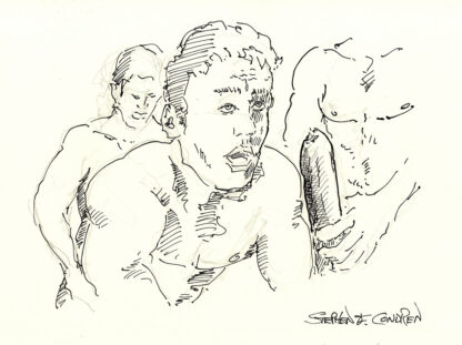 Pen & ink figure drawing of a three-way all-male gay clusterfuck. Boys have muscular bodies and 6-pack set of abs.