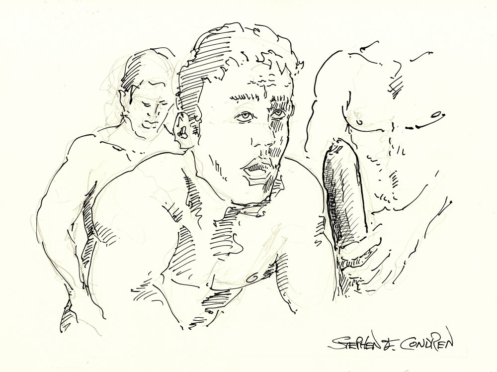 Pen & ink figure drawing of a three-way all-male gay clusterfuck. Boys have muscular bodies and 6-pack set of abs.