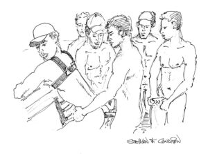 Gay male gang bang in bar pen & ink drawing.