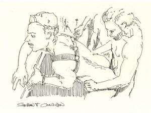 Gay male gangbang in bar pen & ink drawing. 149B