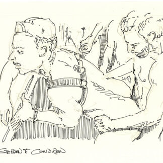 Patrick McDonald pen & ink drawing. Star of "Fire Island Fuck Boy" gay porn film, is fucked in a gangbang with a muscular torso & abs.