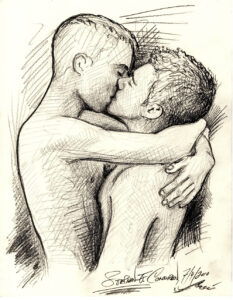 Pencil drawing of two naked gay brothers embrasing and kissing.