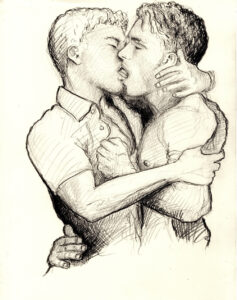 Pencil drawing of two gay brothers embrasing and kissing.