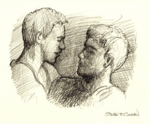 Pencil drawing of two gay brothers embrasing to kiss.