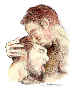Watercolor pen & ink drawing of two gay men licking each other.
