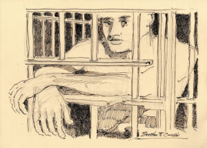 Pen & ink drawing of a nake gay boy standing at his prison cell door waiting to be used for BDSM sex.