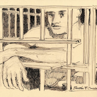 Pen & ink BDSM figure drawing of a hot naked boy standing at bars of his prison cell. He is muscular, fit with 6-pack abs.