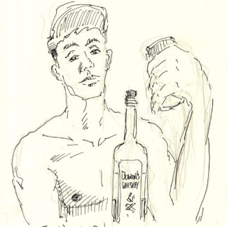 Pen & ink drawing of a drunk shirtless gay boy drinking Bowen's Whiskey. He is cute and muscular with a 6-pack set of abs.