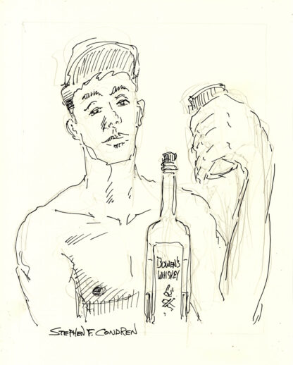 Pen & ink drawing of a drunk shirtless gay boy drinking Bowen's Whiskey. He is cute and muscular with a 6-pack set of abs.