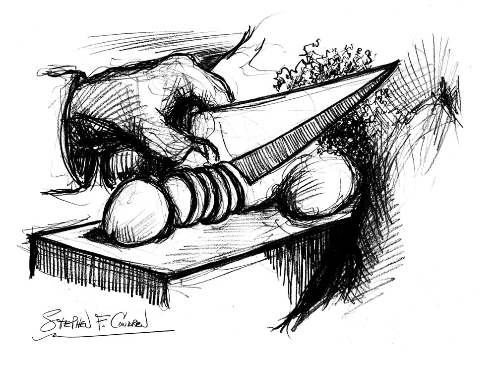 Pencil drawing of a penis on a live gay man being cut into small pieces on a chopping block with a large sharp knife.